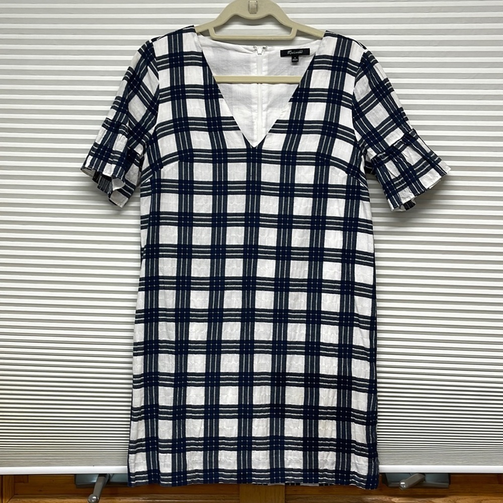 Madewell Blue and White Leighton Plaid Ruffle Bell Sleeve V-Neck Dress - Picture 2 of 9